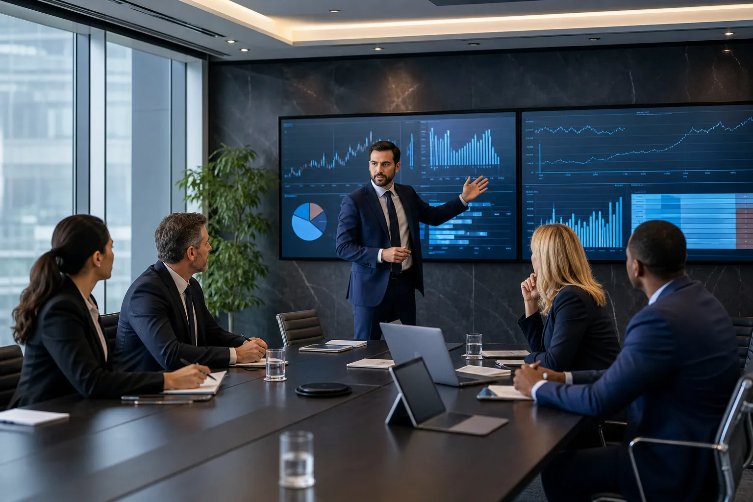 Équipe de dirigeants analysant un diagnostic commercial et plan d'action