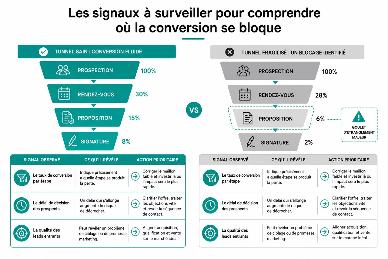 Taux de transformation : l'améliorer durablement en B2B , Les signaux à surveiller pour comprendre où la conversion se bloque