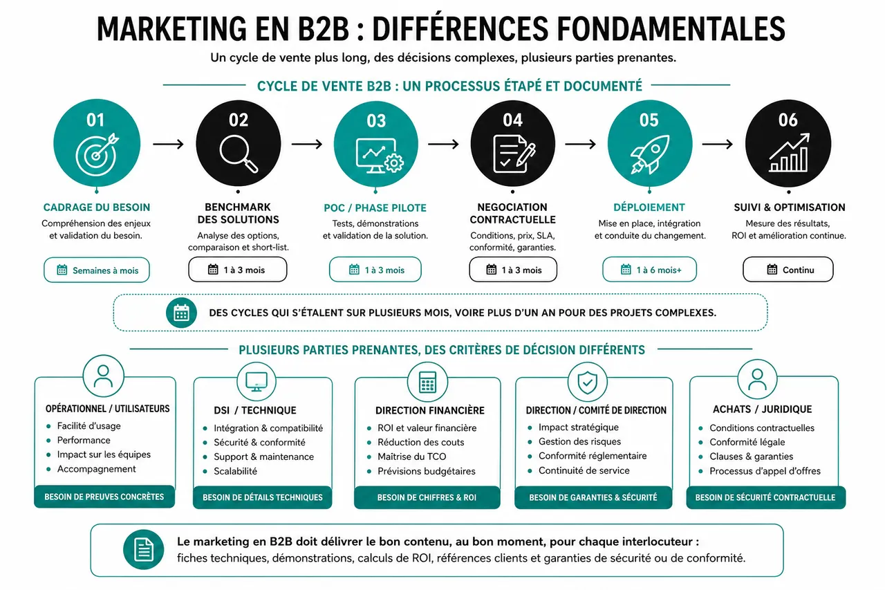 Marketing en B2B : leviers pour scaler votre croissance commerciale , Différences fondamentales entre marketing B2B et B2C