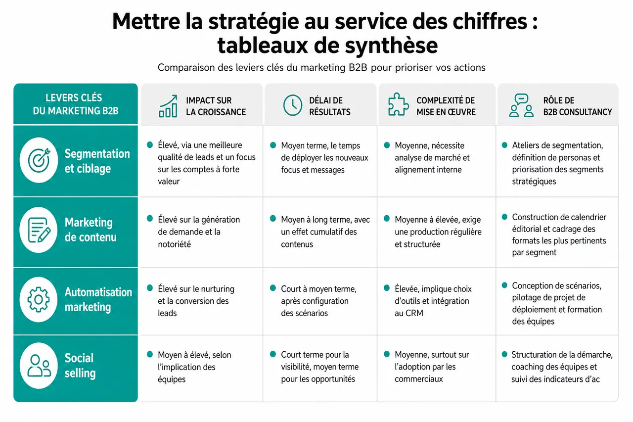 Marketing en B2B : leviers pour scaler votre croissance commerciale , Mettre la stratégie au service des chiffres : tableaux de synthèse