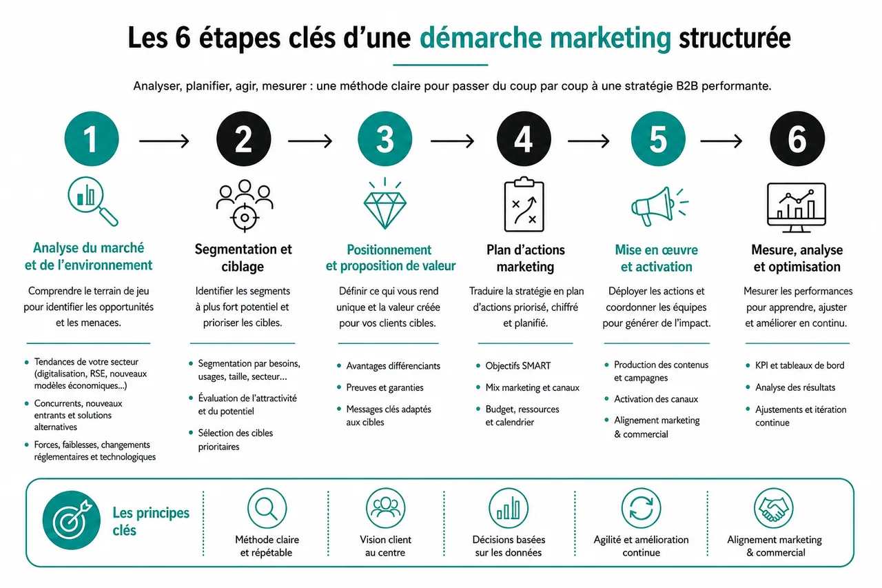 Démarche marketing B2B: 6 étapes concrètes pour passer du coup par coup à une approche structurée , Les 6 étapes clés d’une démarche marketing structurée