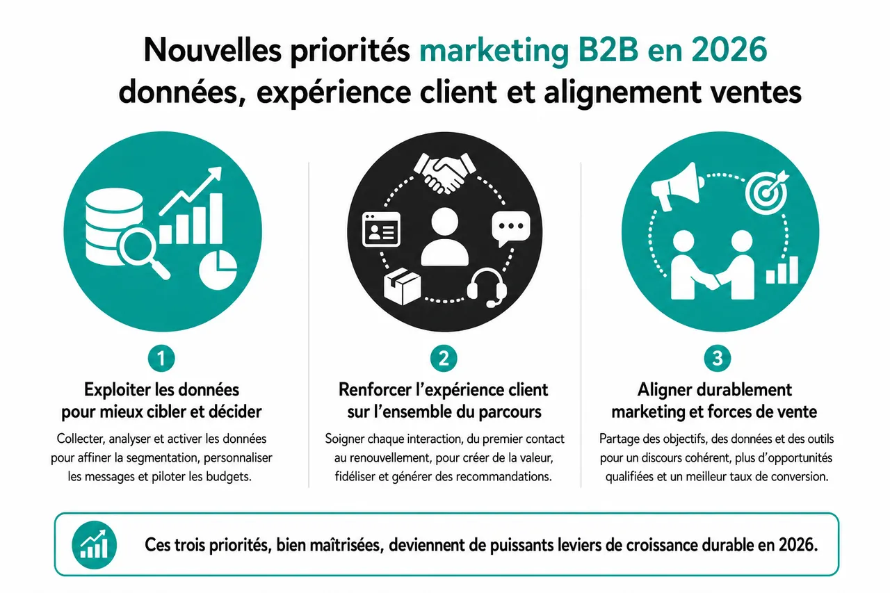 Démarche marketing B2B: 6 étapes concrètes pour passer du coup par coup à une approche structurée , Nouvelles priorités marketing B2B en 2026: données, expérience client et alignement ventes