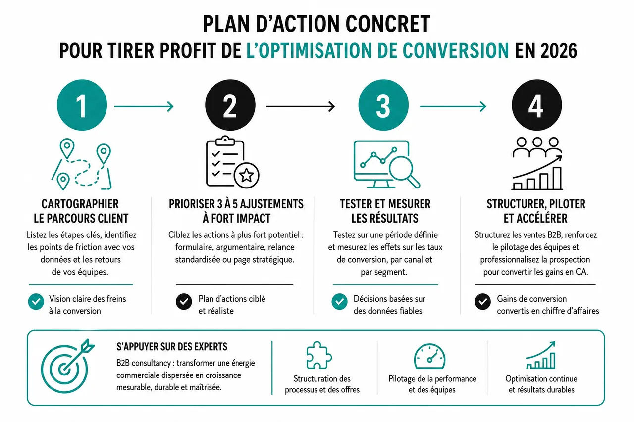 5 ajustements simples pour optimiser la conversion en B2B et transformer vos résultats commerciaux , Plan d’action concret pour tirer profit de l’optimisation de conversion en 2026