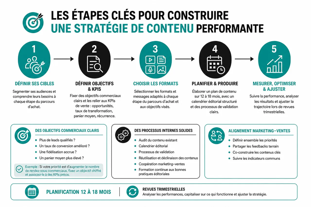 Stratégie de contenu B2B avec 7 formats qui accélèrent vos ventes plutôt que de faire seulement de la visibilité , Les étapes clés pour construire une stratégie de contenu performante