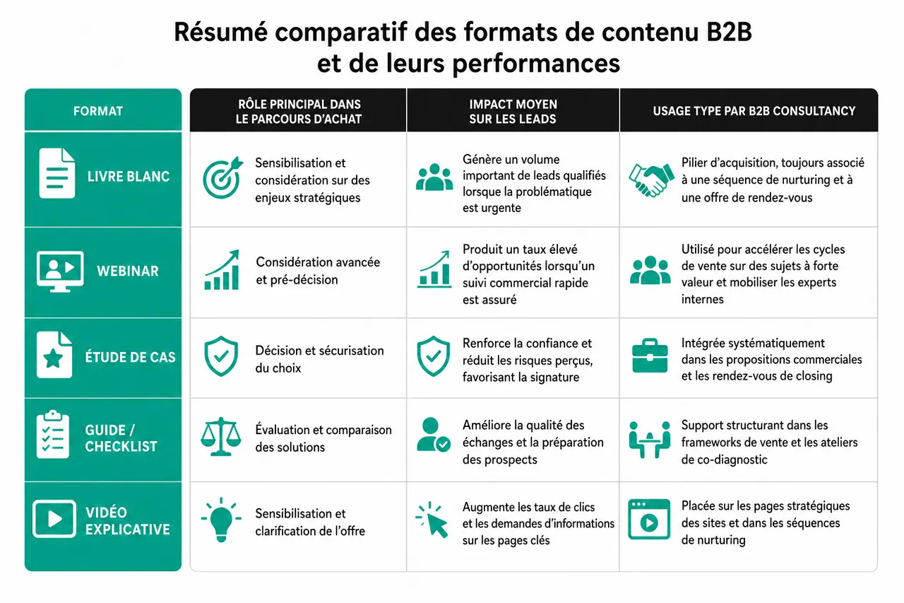 Stratégie de contenu B2B avec 7 formats qui accélèrent vos ventes plutôt que de faire seulement de la visibilité , Résumé comparatif des formats de contenu B2B et de leurs performances