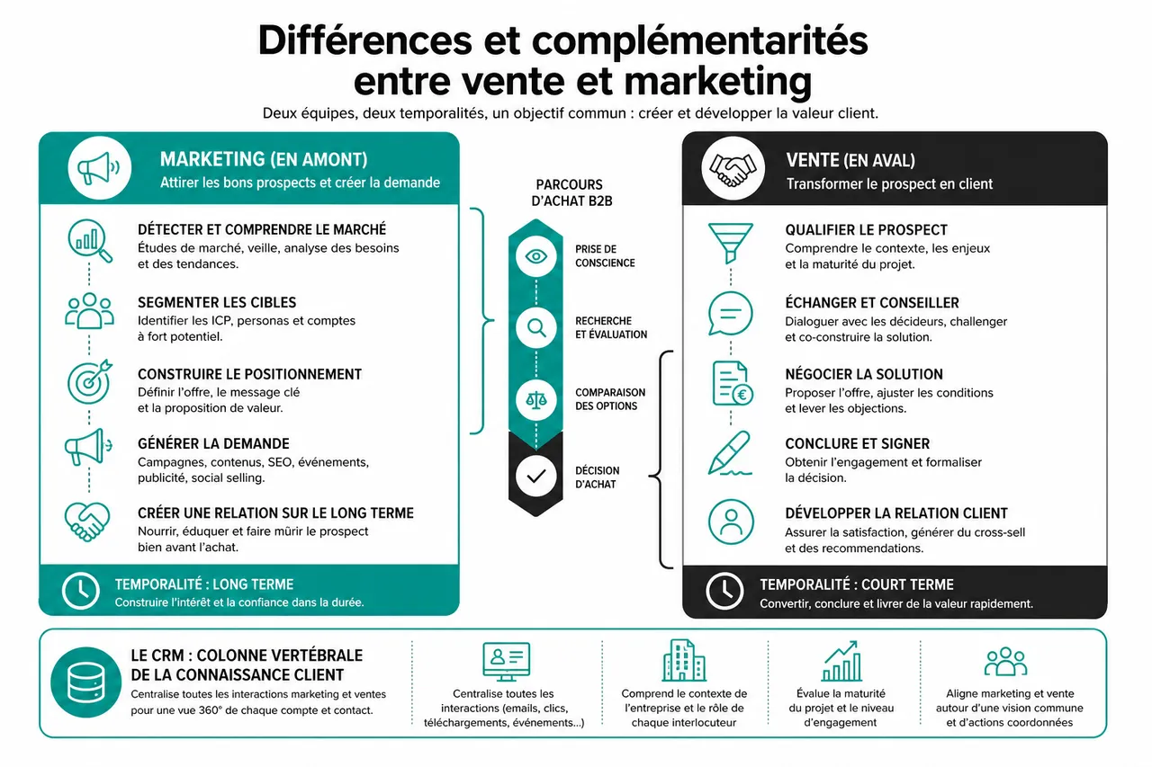 Vente et marketing en B2B pour comprendre pourquoi vos équipes ne se comprennent pas et comment y remédier? , Différences et complémentarités entre vente et marketing