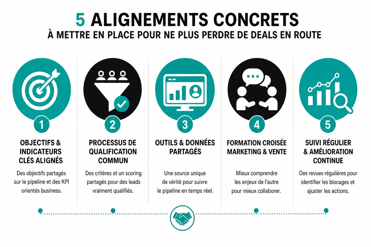 Marketing et vente en B2B avec 5 alignements à mettre en place pour ne plus perdre de deals en route , 5 alignements concrets à mettre en place pour ne plus perdre de deals en route