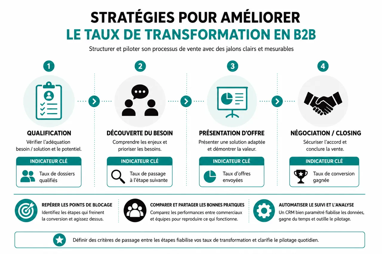 Taux de transformation commercial et analyse de votre pipeline pour identifier où vous perdez vos ventes , Stratégies pour améliorer le taux de transformation en B2B