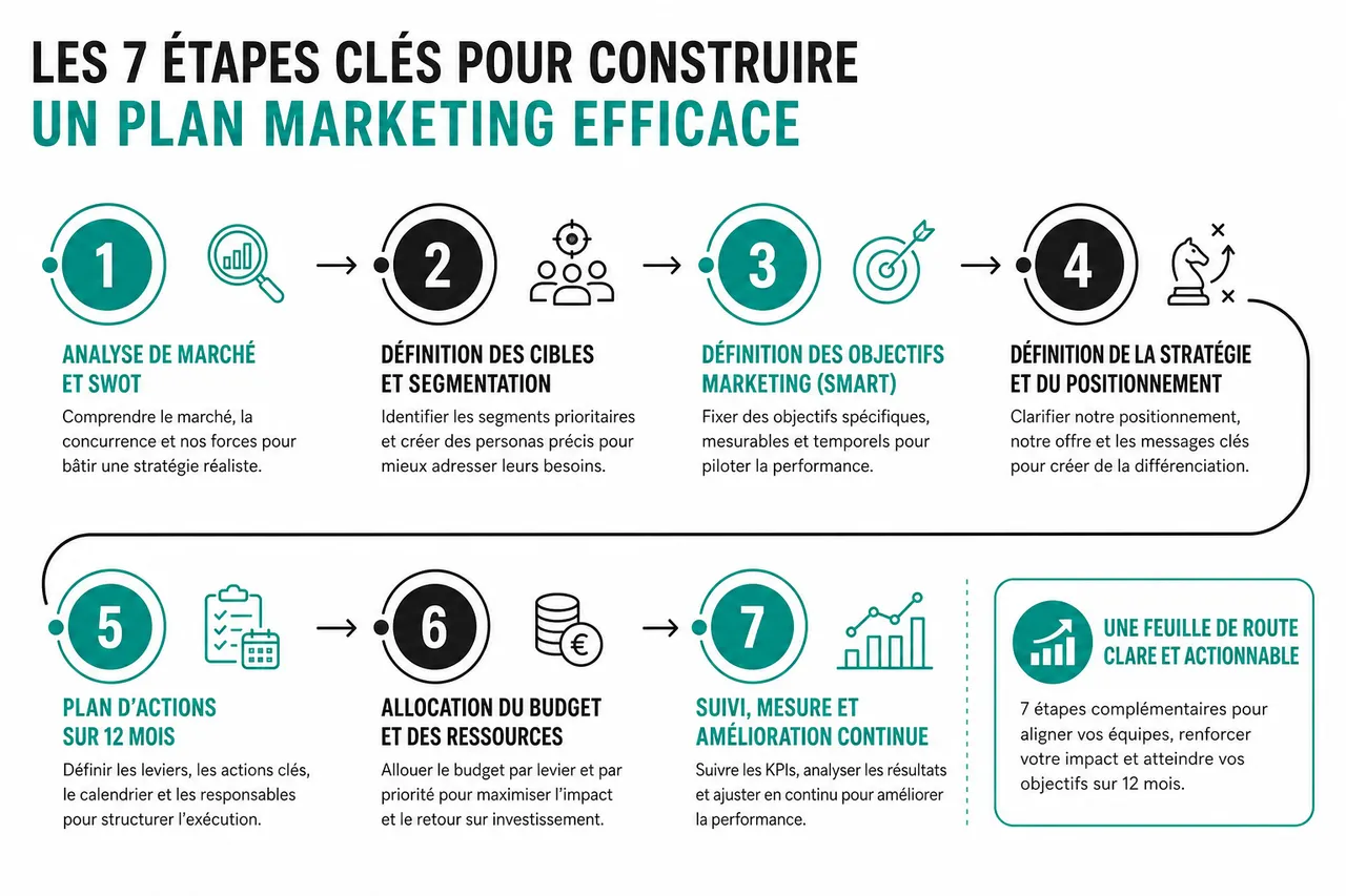 Plan marketing B2B en 7 étapes pour bâtir une feuille de route actionnable sur 12 mois , Les 7 étapes clés pour construire un plan marketing efficace