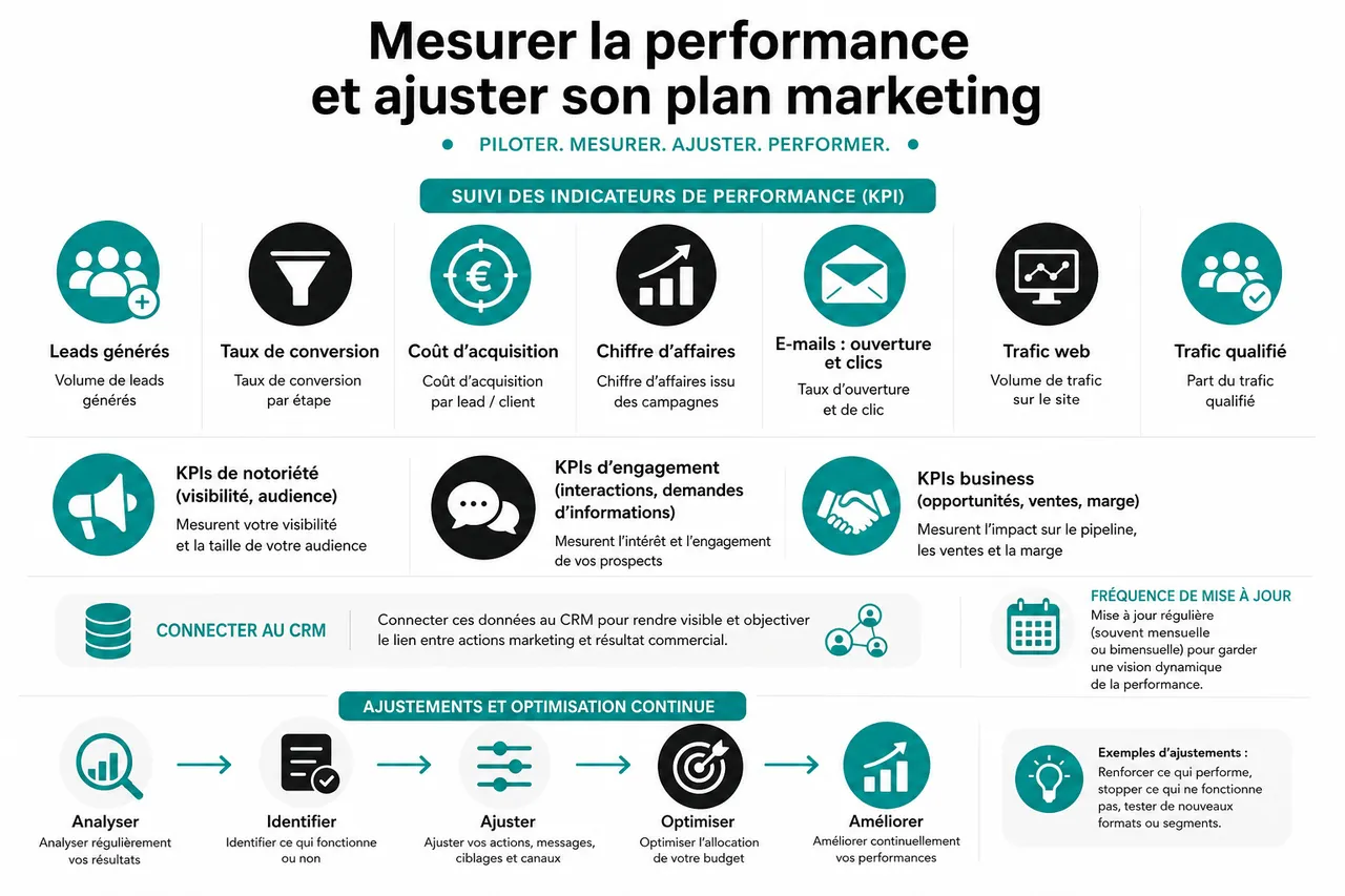 Plan marketing B2B en 7 étapes pour bâtir une feuille de route actionnable sur 12 mois , Mesurer la performance et ajuster son plan marketing