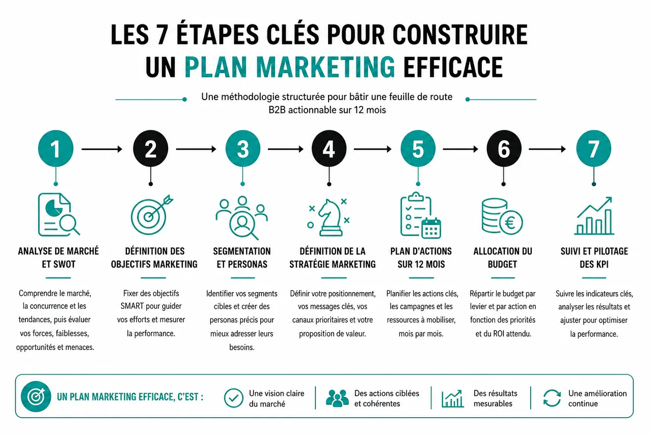 Plan marketing B2B en 7 étapes pour bâtir une feuille de route actionnable sur 12 mois , Les 7 étapes clés pour construire un plan marketing efficace
