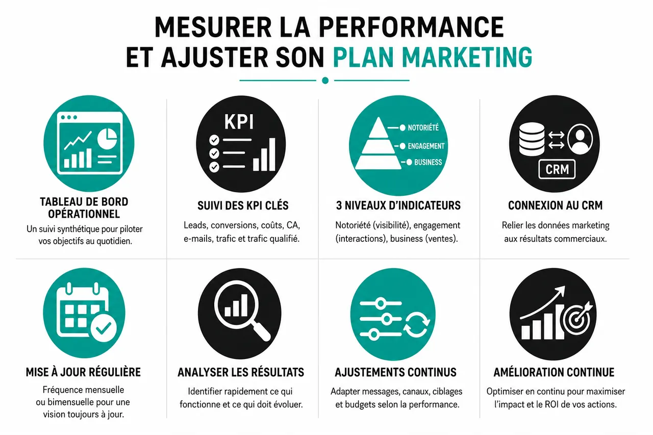 Plan marketing B2B en 7 étapes pour bâtir une feuille de route actionnable sur 12 mois , Mesurer la performance et ajuster son plan marketing