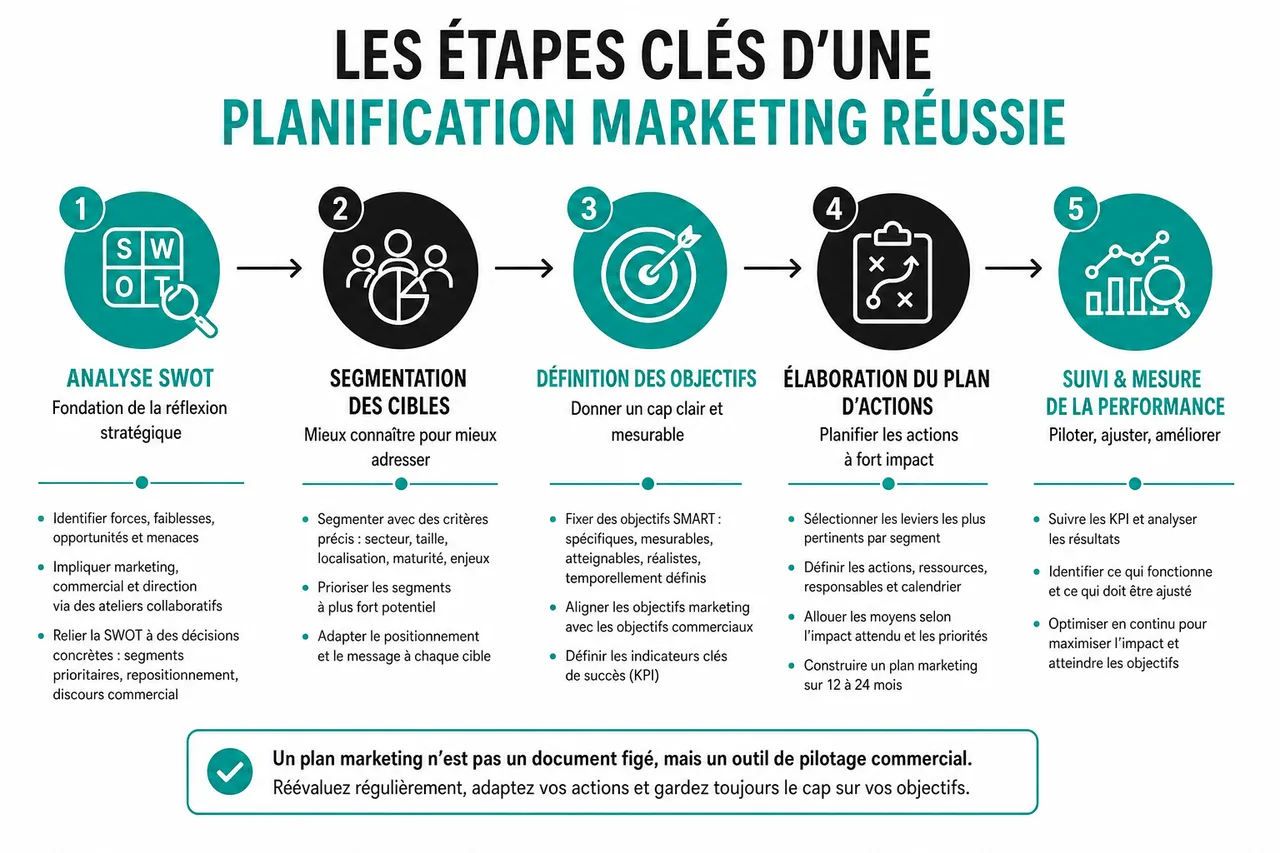 Planification marketing en B2B et comment prioriser vos actions quand les ressources sont limitées? , Les étapes clés d’une planification marketing réussie