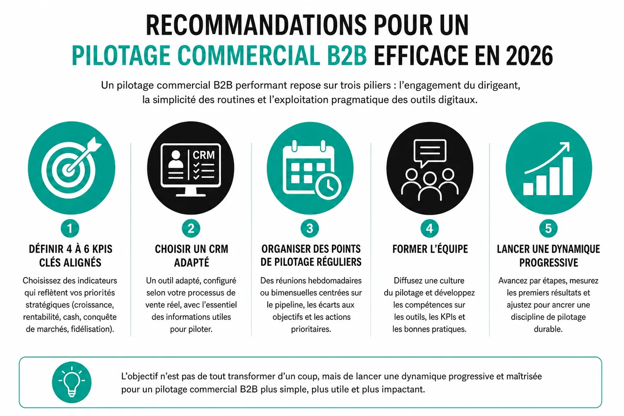 Pilotage commercial B2B pour dirigeants et où mettre votre énergie quand vous manquez de temps , Recommandations pour un pilotage commercial B2B efficace en 2026
