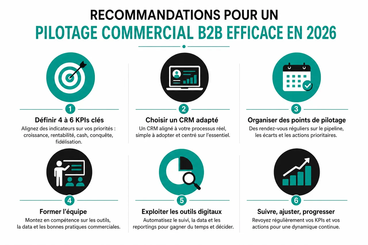 Pilotage commercial B2B pour dirigeants et où mettre votre énergie quand vous manquez de temps , Recommandations pour un pilotage commercial B2B efficace en 2026