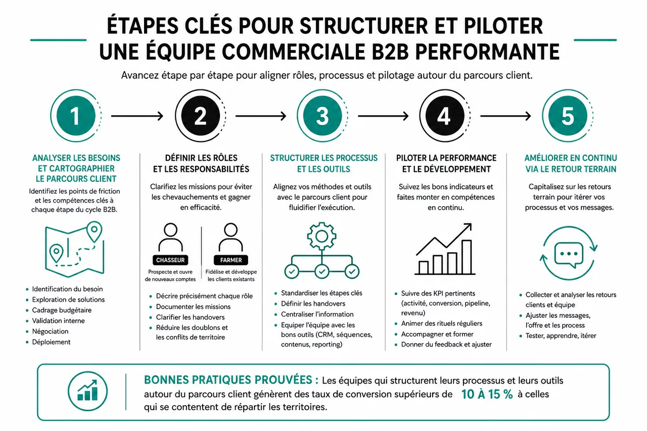 Comment organiser votre équipe commerciale B2B sans ajouter de couches de management inutiles? , Étapes clés pour structurer et piloter une équipe commerciale B2B performante