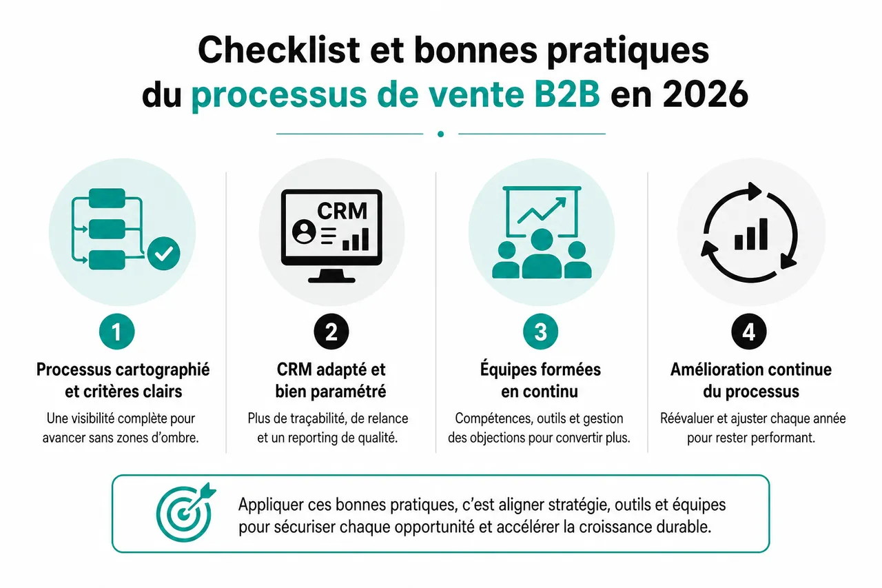 Processus de vente B2B en 6 étapes pour sécuriser chaque opportunité du premier contact à la signature , Checklist et bonnes pratiques du processus de vente B2B en 2026