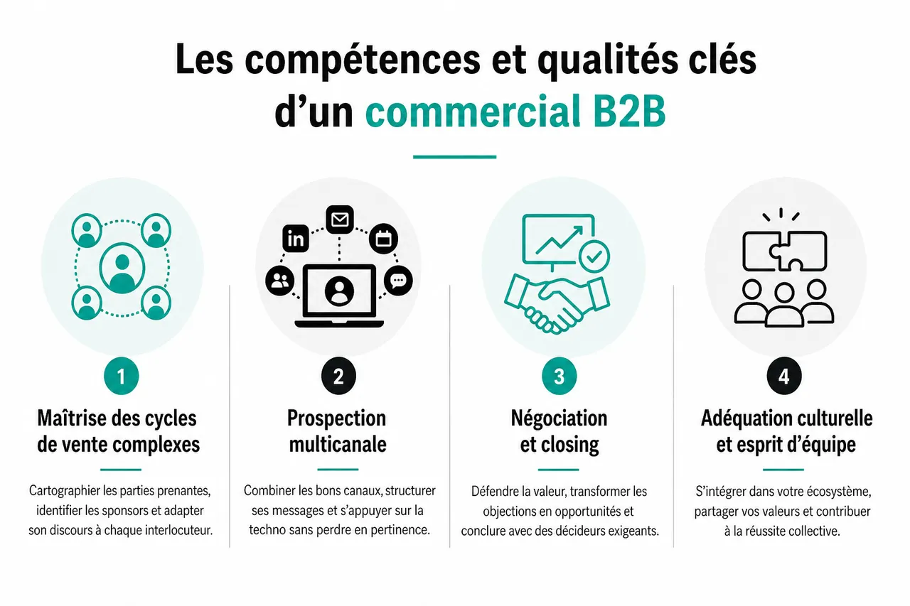 Recruter votre premier commercial B2B (ou le suivant) sans vous tromper de profil , Identifier le bon profil: compétences et qualités clés d’un commercial B2B