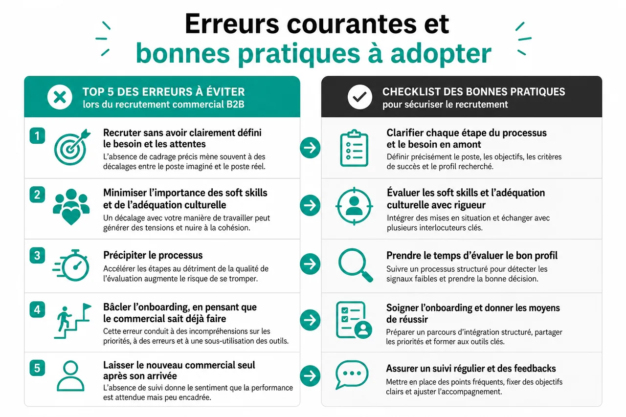 Recruter votre premier commercial B2B (ou le suivant) sans vous tromper de profil , Erreurs courantes et bonnes pratiques à adopter