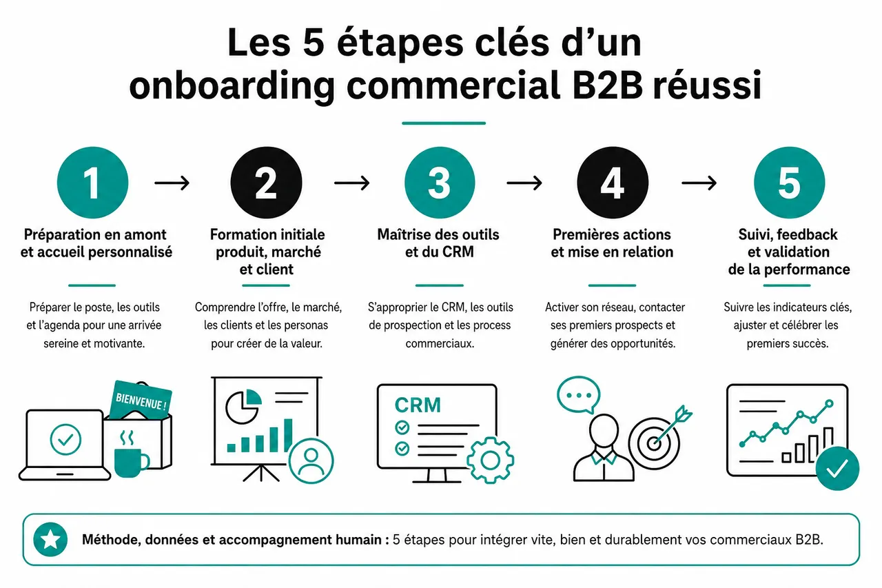 Onboarding des commerciaux B2B avec 5 éléments à mettre en place pour qu’ils soient vite rentables , Les 5 étapes clés d’un onboarding commercial B2B réussi