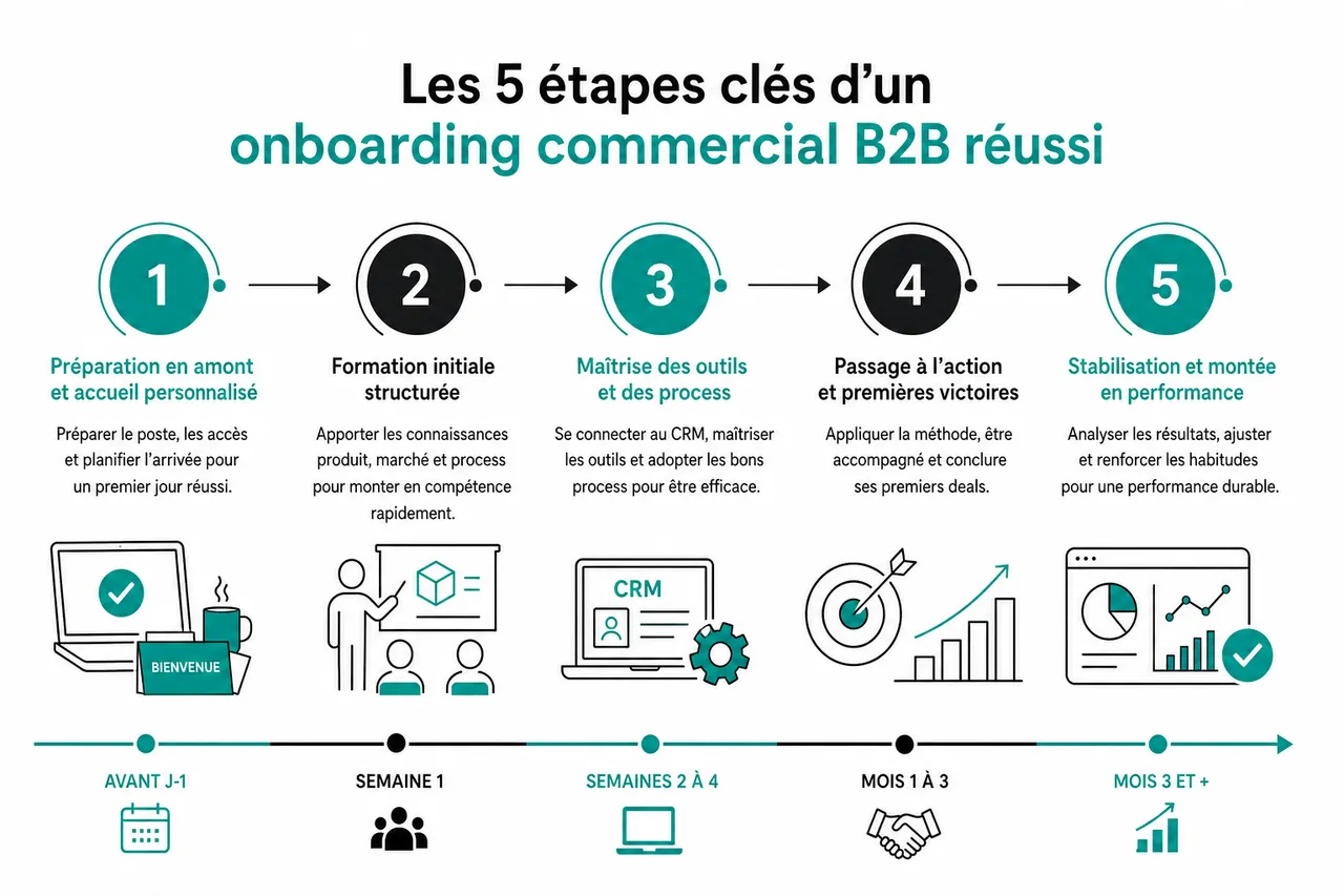 Onboarding des commerciaux B2B avec 5 éléments à mettre en place pour qu’ils soient vite rentables , Les 5 étapes clés d’un onboarding commercial B2B réussi