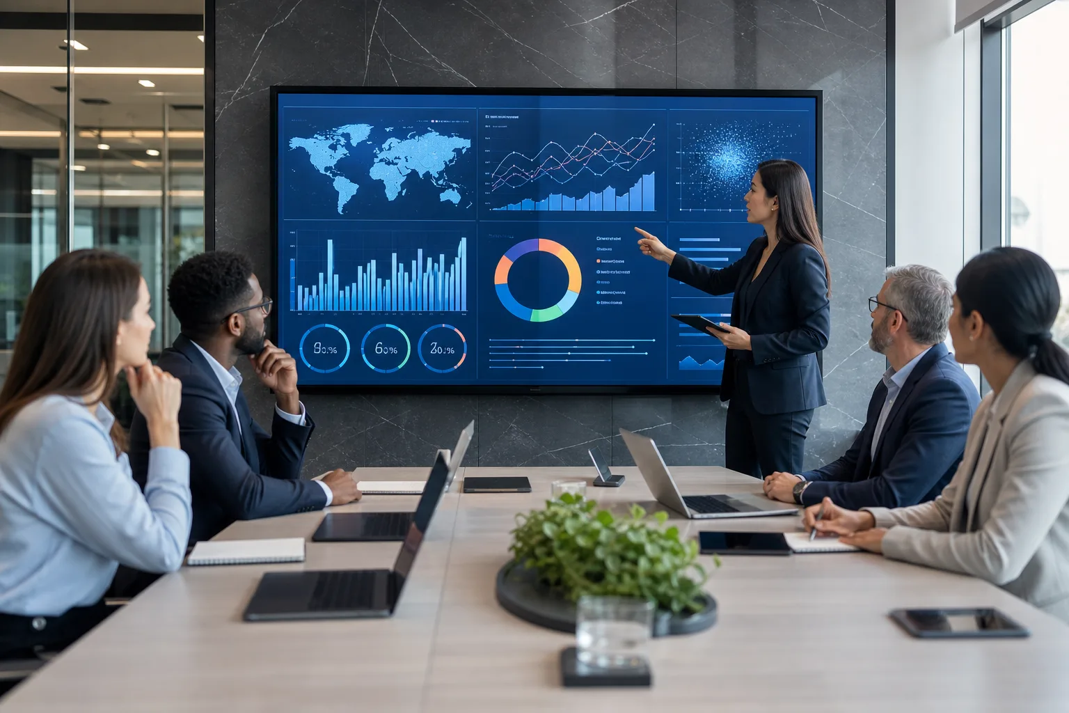 Stratégie commerciale B2B avec documents et réunions professionnelles