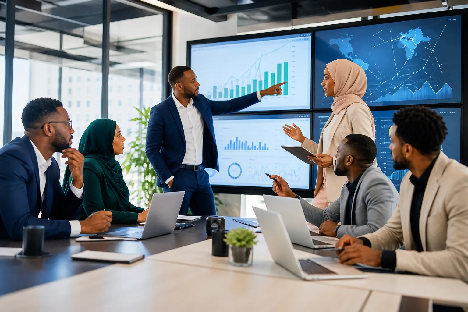 Équipe marketing B2B en création avec tableaux et stratégies