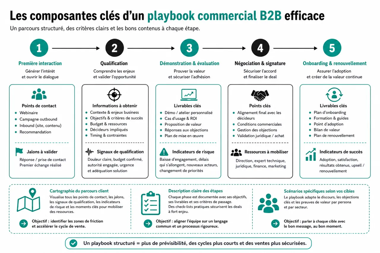 Playbook commercial B2B et ce qu’il doit contenir pour que vos vendeurs l’utilisent vraiment , Les composantes clés d’un playbook commercial B2B efficace