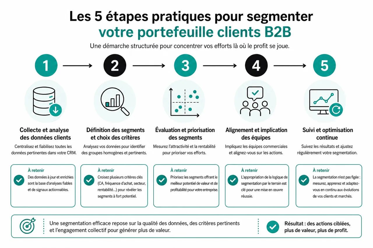 Segmentation du portefeuille clients B2B avec 5 critères pour concentrer vos efforts là où le profit se joue , Étapes pratiques pour segmenter son portefeuille clients B2B
