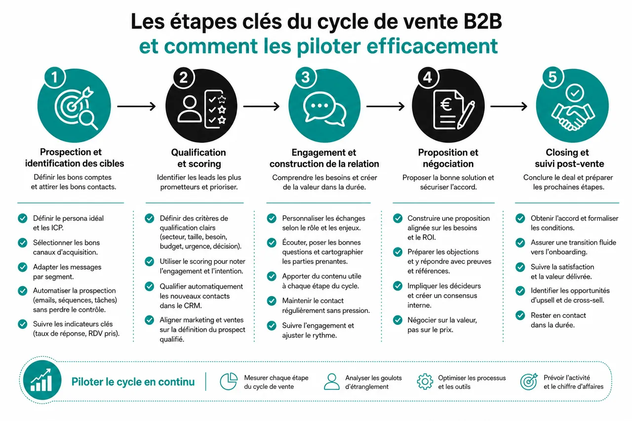 Gérer un cycle de vente B2B long et garder vos deals vivants sans harceler vos prospects , Les étapes clés du cycle de vente B2B et comment les piloter efficacement