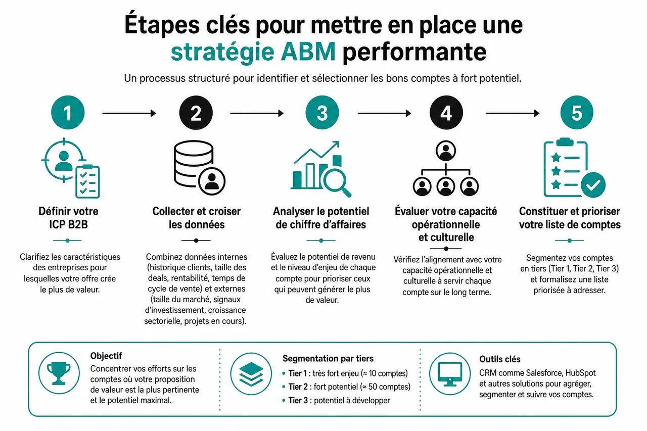 Account-based marketing en B2B et par où commencer quand on vise quelques grands comptes clés , Étapes clés pour mettre en place une stratégie ABM performante