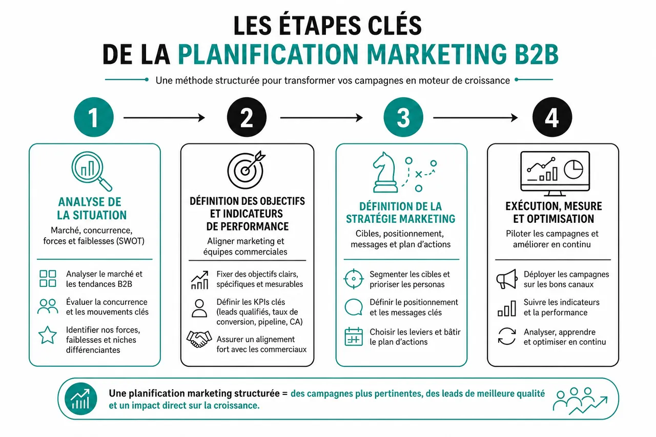 Planification marketing en B2B, comment organiser vos campagnes quand les commerciaux réclament surtout des leads « prêts à signer » , Les étapes clés de la planification marketing B2B
