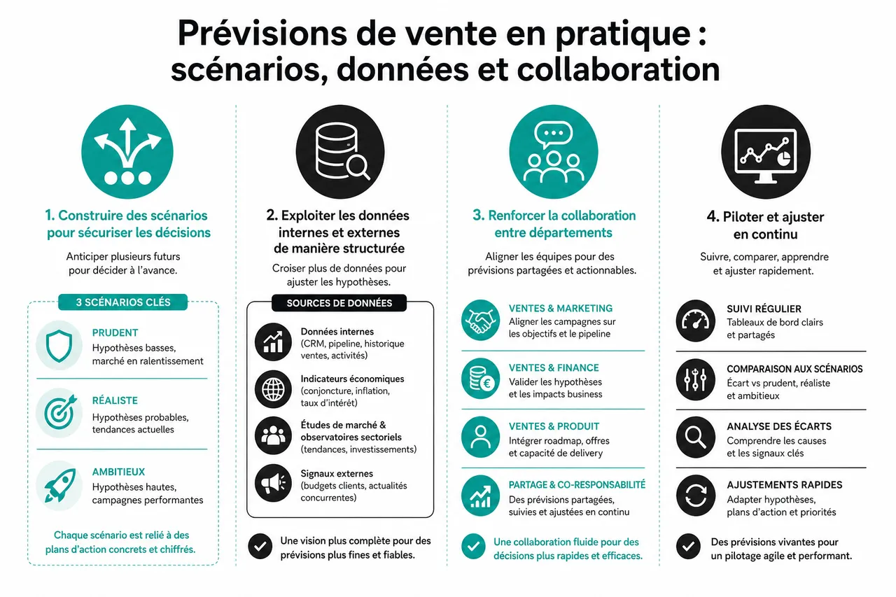 Prévisions de vente en B2B, comment fiabiliser votre pipeline sans surcharger vos commerciaux de reporting , Prévisions de vente en pratique: scénarios, données et collaboration