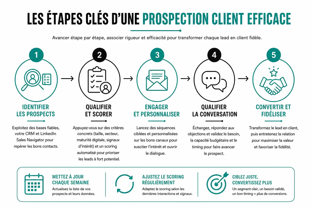 Prospection client en B2B, que faire concrètement chaque semaine pour alimenter votre pipe de façon régulière , Les étapes clés d’une prospection client efficace