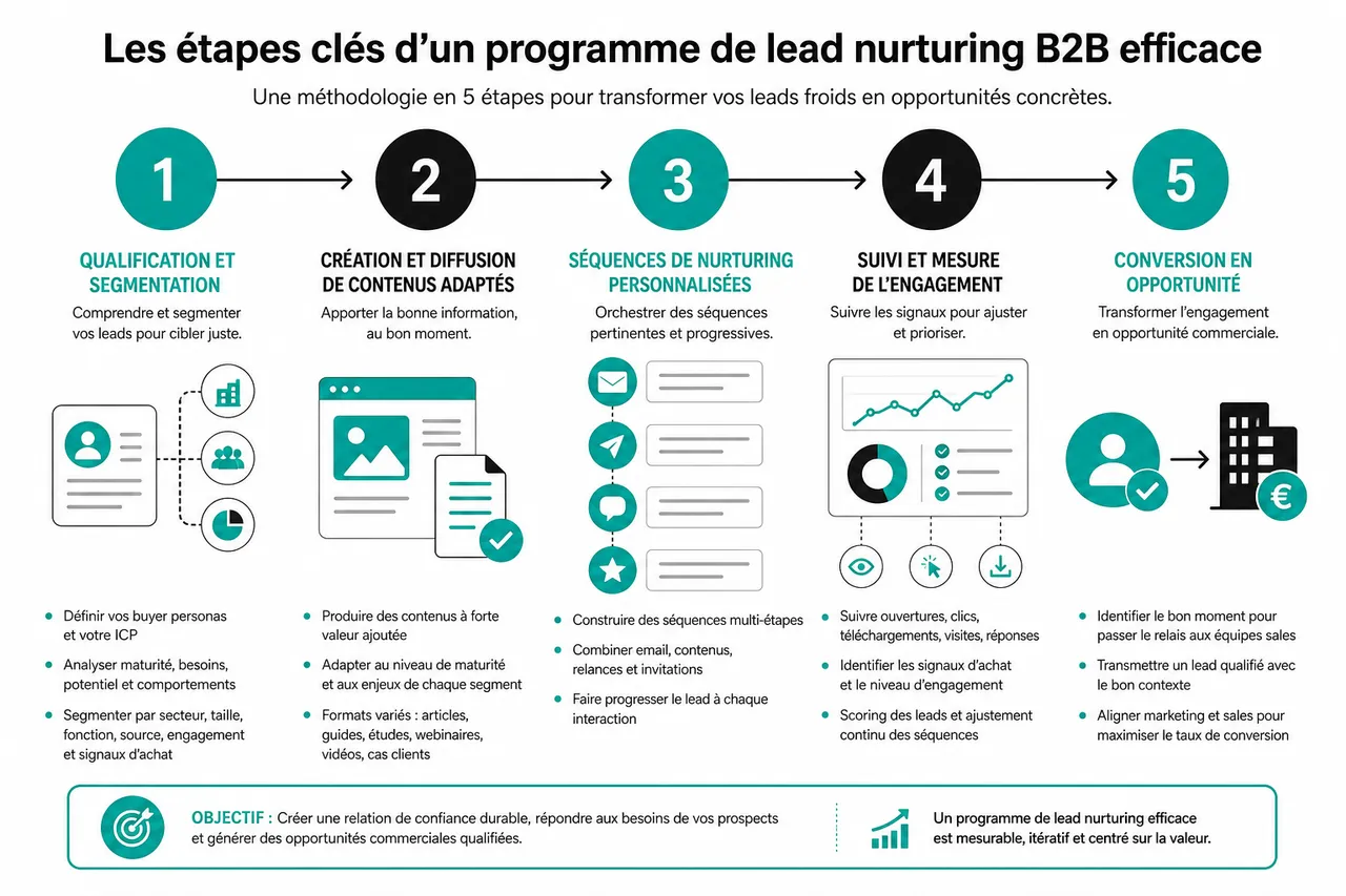 Lead nurturing en B2B, comment transformer des leads froids en opportunités concrètes , Les étapes clés d’un programme de lead nurturing B2B efficace