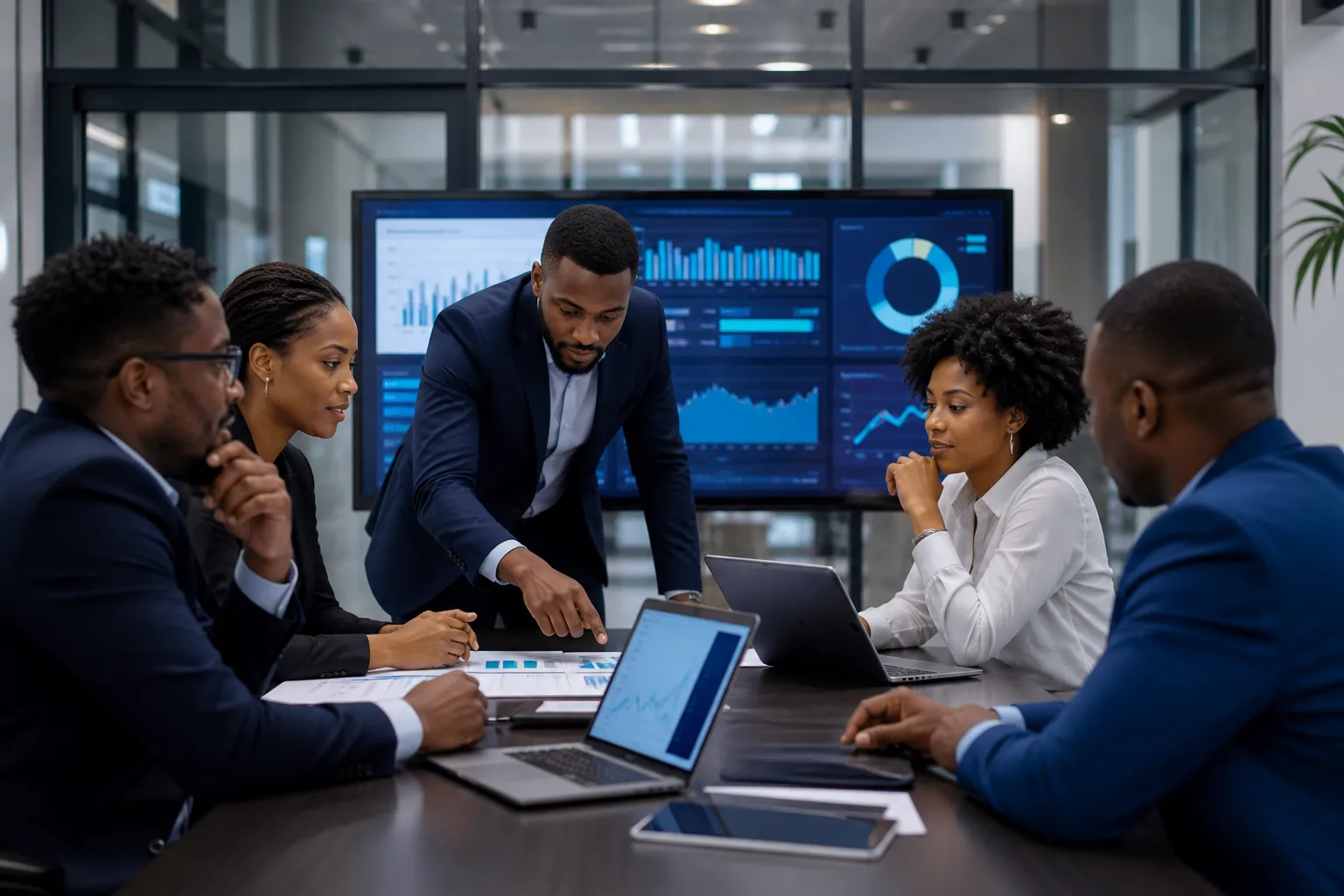 Équipe commerciale B2B en réunion stratégique de renforcement