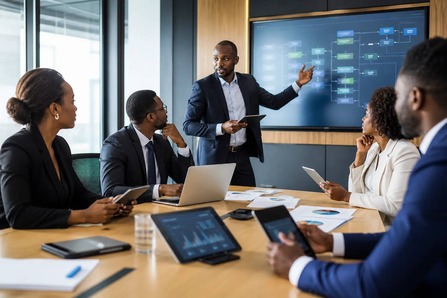 Groupe de professionnels en réunion pour vente complexe B2B