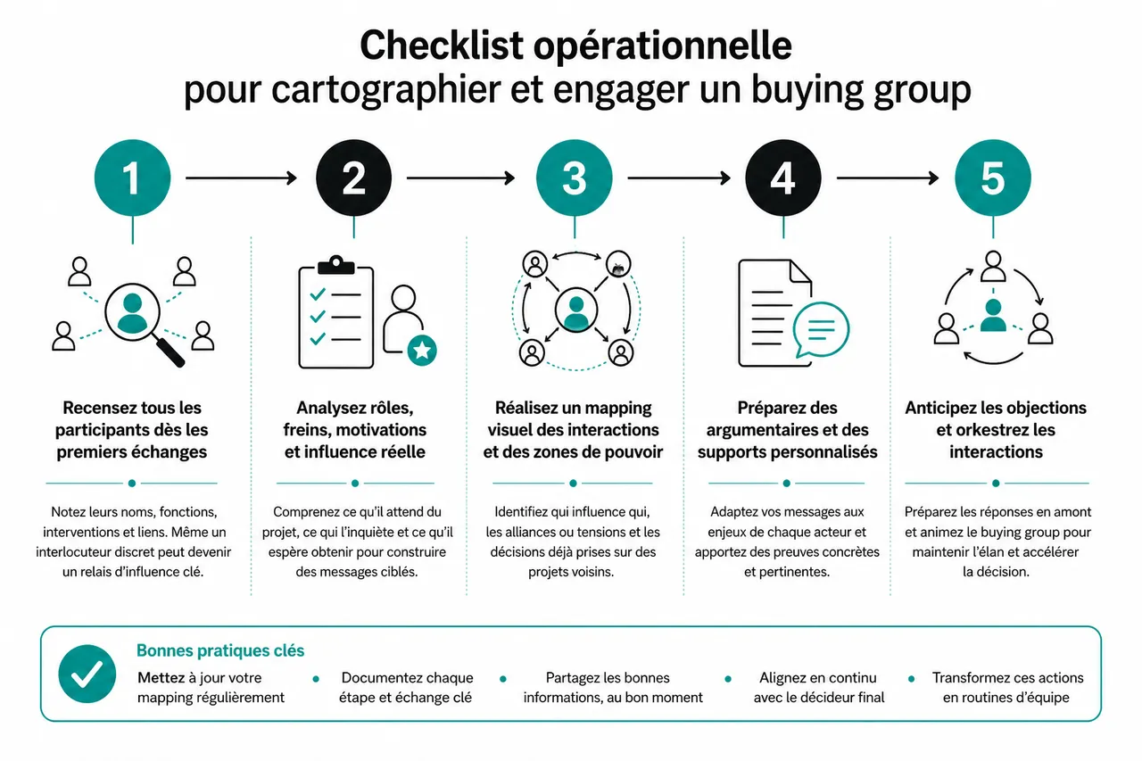 Vente complexe en B2B, comment naviguer dans les buying groups et accélérer la décision , Checklist opérationnelle pour cartographier et engager un buying group