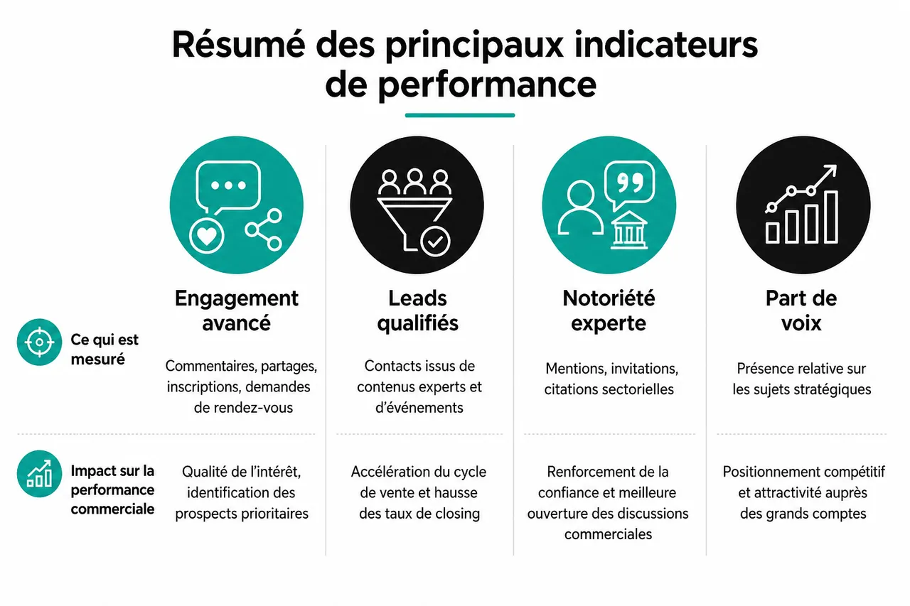 Marketing d’influence en B2B, comment utiliser l’expertise de votre équipe plutôt que des « stars » hors sujet , Résumé des principaux indicateurs de performance