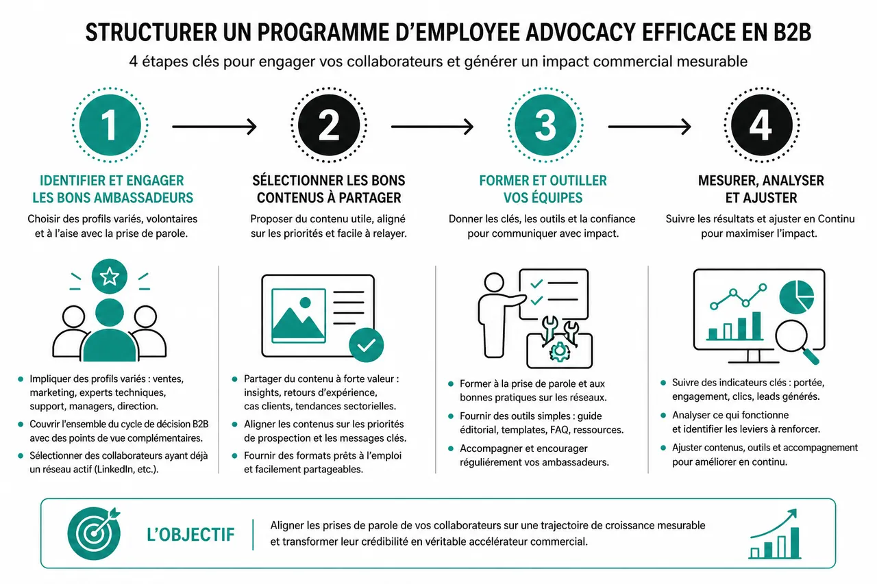 Employee advocacy en B2B, comment transformer vos collaborateurs en relais commerciaux crédibles , Structurer un programme d’employee advocacy efficace en B2B
