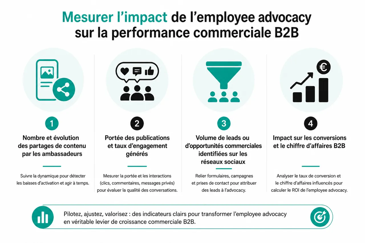 Employee advocacy en B2B, comment transformer vos collaborateurs en relais commerciaux crédibles , Mesurer l’impact de l’employee advocacy sur la performance commerciale B2B