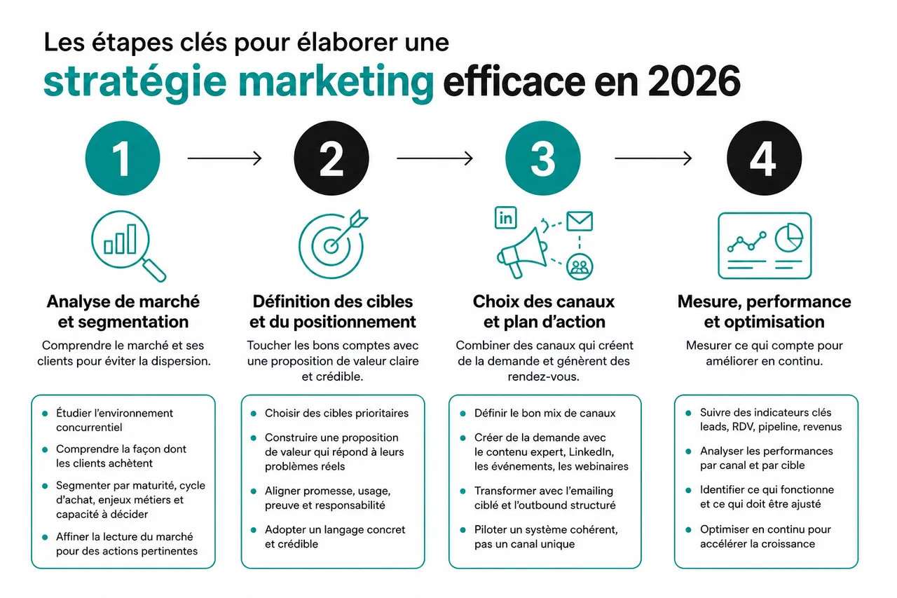 Stratégie marketing ou stratégie commerciale: laquelle pilote vraiment la croissance? , Les étapes clés pour élaborer une stratégie marketing efficace en 2026