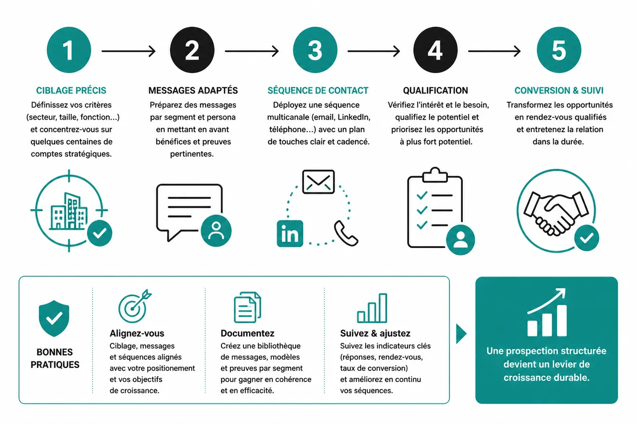 Les méthodes de prospection client qui fonctionnent sans épuiser vos équipes , Étapes clés et bonnes pratiques pour structurer la prospection