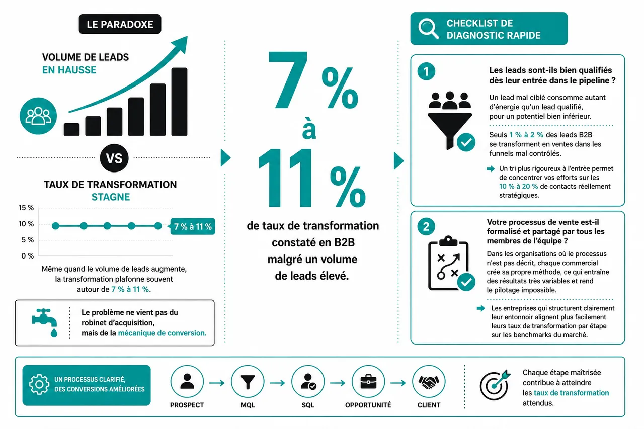 Pourquoi le taux de transformation stagne malgré un bon volume de leads? , Pourquoi le taux de transformation stagne-t-il malgré un volume de leads élevé?