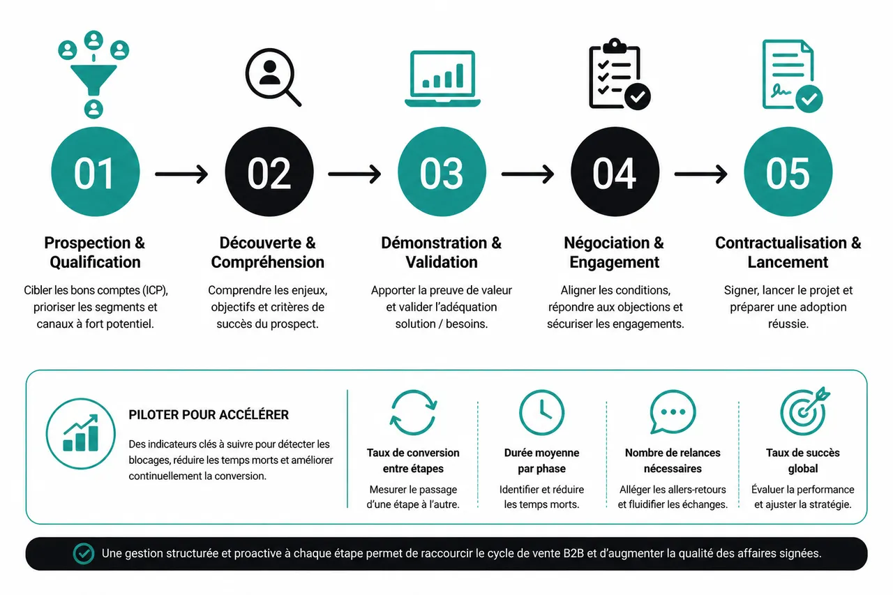 Pourquoi le cycle de vente en B2B s’allonge et comment le raccourcir sans forcer? , Les étapes du cycle de vente B2B: décryptage et enjeux