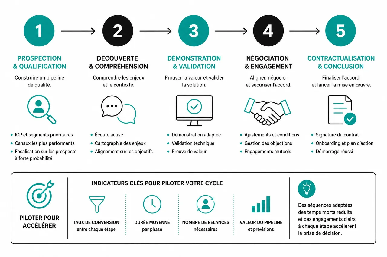 Pourquoi le cycle de vente en B2B s’allonge et comment le raccourcir sans forcer? , Les étapes du cycle de vente B2B: décryptage et enjeux
