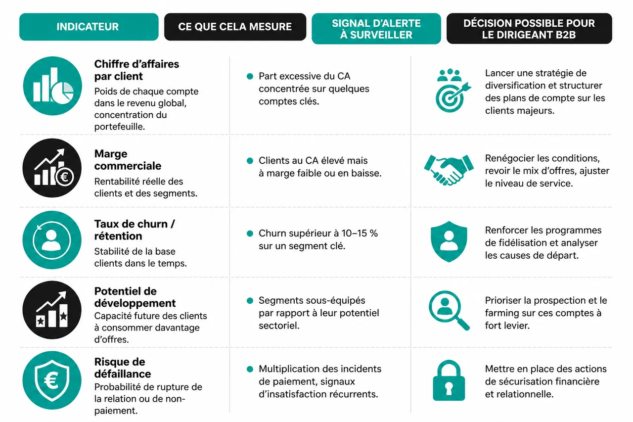 Les signaux qui révèlent où investir grâce à l’analyse de portefeuille clients en B2B , Résumé des indicateurs clés pour piloter le portefeuille