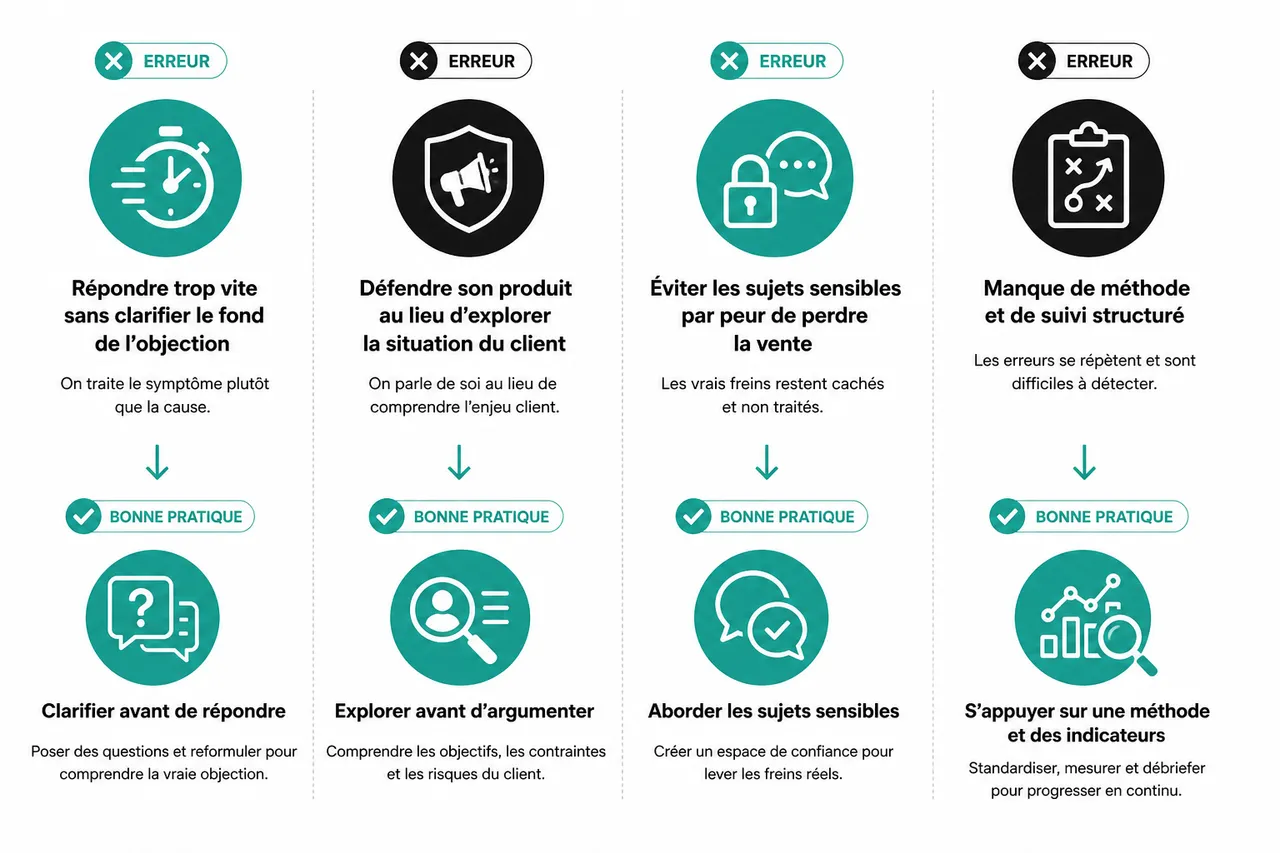 Gérer les objections commerciales sans improviser quand les enjeux sont élevés , Erreurs courantes et bonnes pratiques dans la gestion des objections