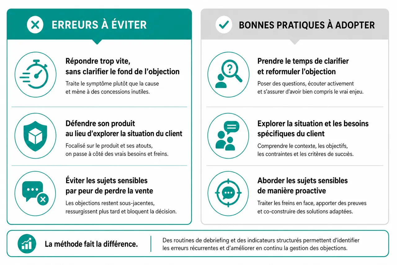 Gérer les objections commerciales sans improviser quand les enjeux sont élevés , Erreurs courantes et bonnes pratiques dans la gestion des objections