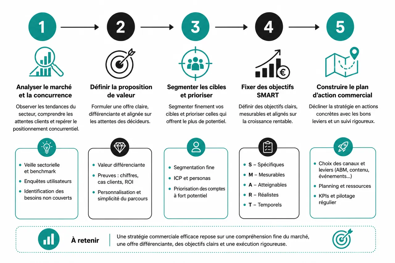 Comment élaborer une stratégie commerciale B2B centrée sur l’impact en 2026 , Les étapes clés pour élaborer une stratégie commerciale efficace